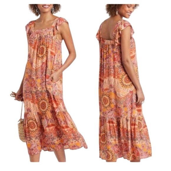 Knox Rose Boho Paisley Sleeveless Midi Dress Size S‎ Flutter Sleeve Brown - Picture 2 of 8